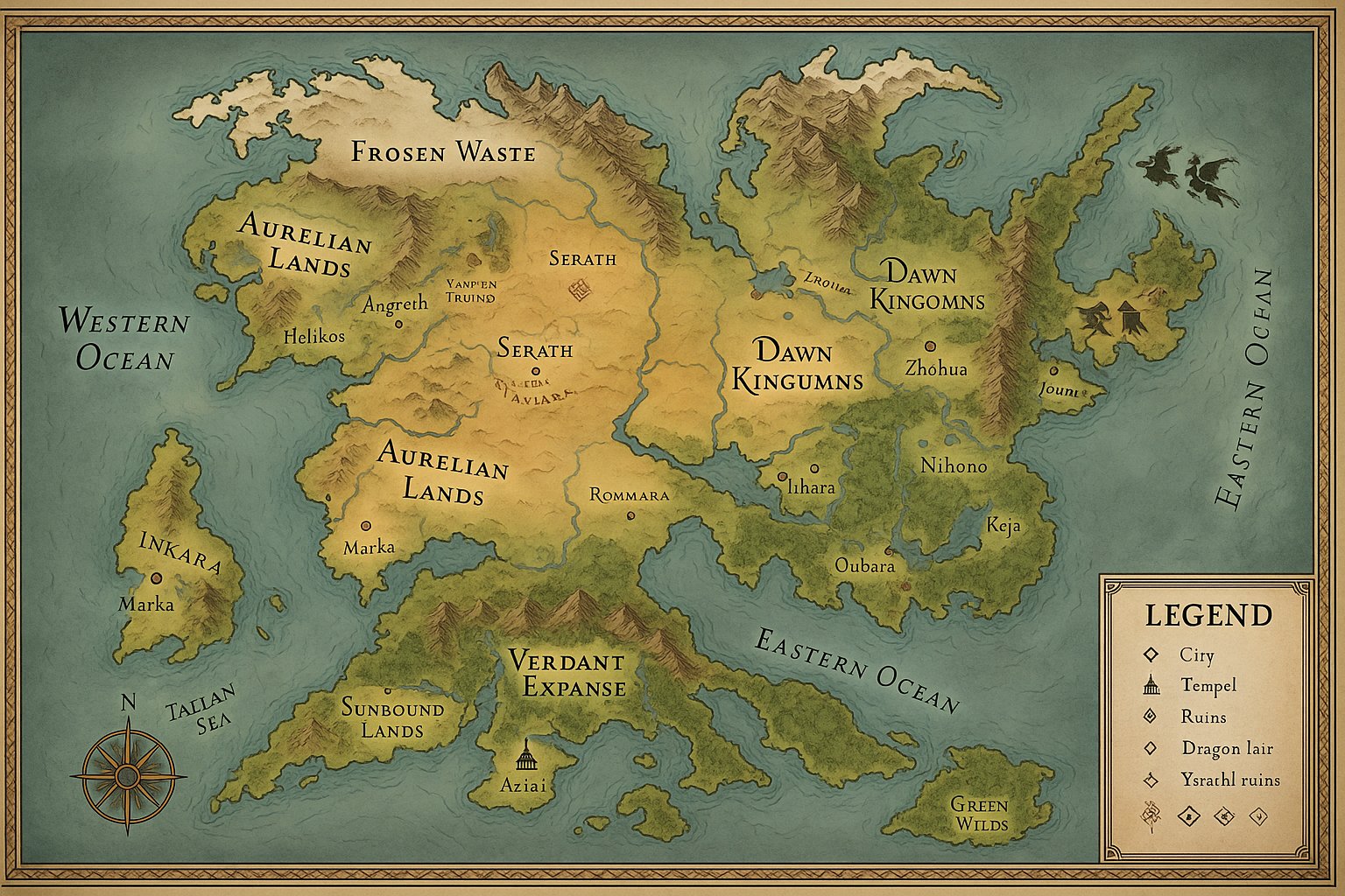 Map of Aelthara: Aurelian Lands, Dawn Kingdoms, Verdant Expanse, Sunbound Lands, Frozen Waste and the Western and Eastern Oceans